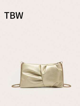 女士休闲单肩包，方形包包，褶皱丝缎质地，褶皱手感，轻巧时尚，金属链条，适合晚上外出和购物。