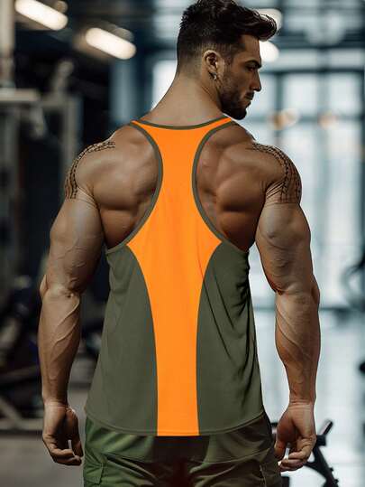 Boyfriend-Stil Herren Kontrast-Farbiges Y-Rücken Feuchtigkeitsableitende Mesh Fitness Gym Tanktop für Lässig, tägliches Training und Laufen