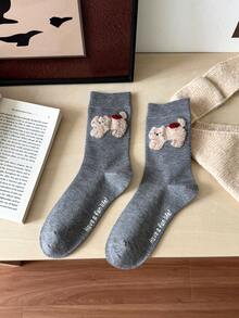 1 par de calcetines de tripulación con diseño de animales versátil y lindo, calcetines casuales de invierno/otoño para mujer