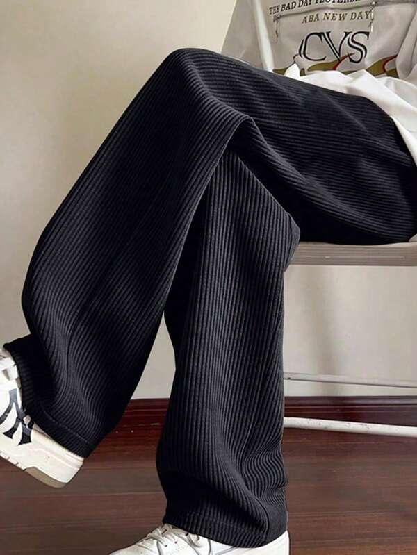 Spring & Autumn Men's Plus Size Corduroy Loose Straight Leg Pants, Solid Color Casual Street Style Sweatpants