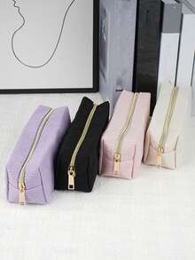 1pc Corduroy Zipper Pencil Case, Striped Design Pen Bag, Daily Small Items And Student Stationery Storage, Women's Cosmetic Pouch, Pen Organizer Bag, Back To School Essential Gift, School Supplies (Black)