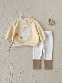 2 件套幼儿女宝宝可爱兔子刺绣保暖长袖套头衫 + 厚裤子，秋冬