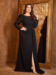 Robe à col rond avec dos nu, patchwork pailleté brillant, style princesse avec manches longues, taille froncée, ourlet en mousseline de soie fendu Top, robe de soirée de demoiselle d'honneur