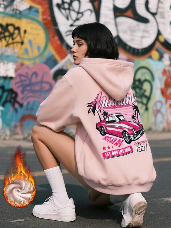 Women's Vintage Palm Tree & Car Print Hooded Sweatshirt - Soft Fleece Oversized Pullover For Fall Winter - Retro Street Style Casual Loungewear