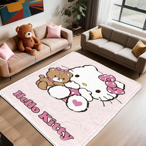 Sanrio 1 pieza Felpudo con diseño de Hello Kitty de Sanrio sosteniendo un oso rosa, de lana sintética antideslizante y lavable, suave y cómodo, fácil de limpiar y duradero, para múltiples usos como decoración de habitaciones, sala de estar, cocina, dormitorio, baño, felpudo de bienvenida para decoración de otoño, regalo navideño, disponible en varios estilos