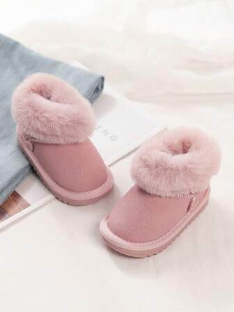 1双婴儿毛绒保暖雪地靴，防滑平底短靴，适合秋冬季日常户外穿着