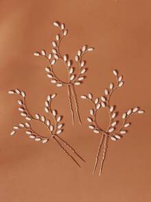 3pcs Pearl Decor Branch Design Hair Clips, Elegant Gold Bridal Wedding Hair Accessories - Gold - View 8