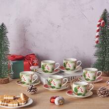 MBB Christmas Teacup And Saucer Set Ceramic Espresso Coffee Mug With Saucer Festive Serveware Holiday Gift Christmas Cup Charming Holiday Design Versatile Drinkware Elegant Holiday Theme Prints Finish U-Shape Memorable Holiday Gift Dishwasher And Microwave , 3 Oz Or 6 Oz Porcelain Cup For Tea, Coffee, Espresso - Christmas Tree, Holly & Red Berries Holiday Accents - Holiday Collection Design For Gifting - Multicolor - View 4