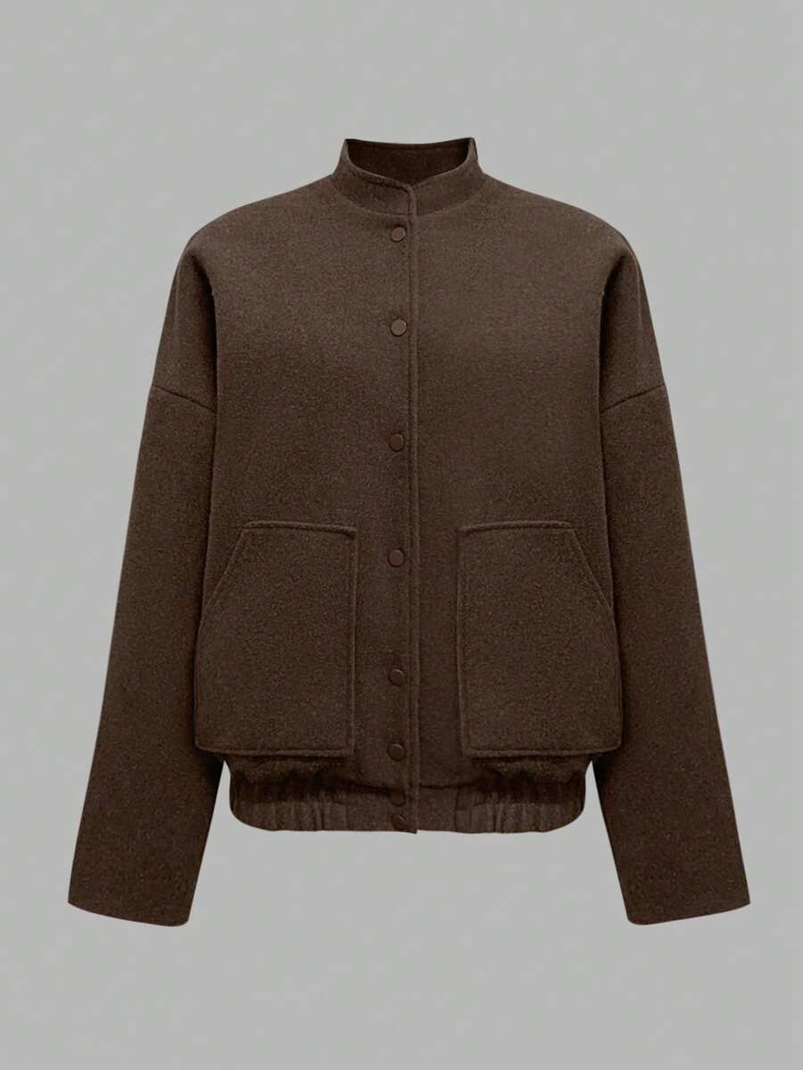 女士休闲百搭棕色街头时尚棒球夹克，秋冬 - 棕色 - 查看 1