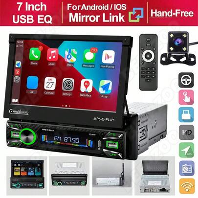 Car Audio Flip Out Radio - Mirror Link For Apple Carplay Android Auto Car Stereo Single Din Head Unit Bluetooth Car Radios Wireless 7" Screen GPS BT With Remoter