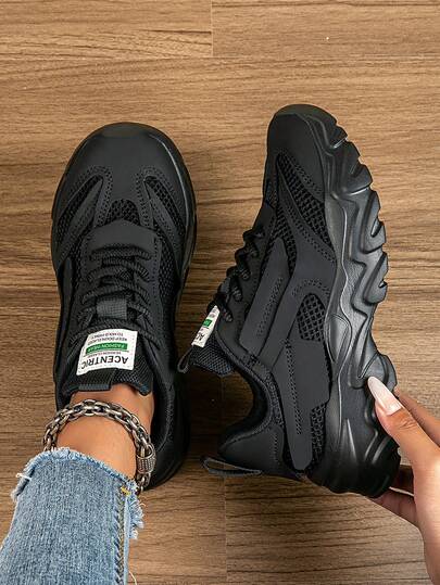Women's Spring Mesh Breathable Casual Sneakers, Thick Sole Hidden Wedge Heel Black Shoes