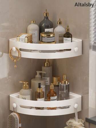 2pcs Rust-Resistant Plastic Corner Shower Rack - Wall-Mounted Bathroom Storage Shelf With Curved Design For Shampoo, Cosmetics & Toiletries - Space-Saving Organizer For Small Bathrooms, Bathroom Organizers And Storage