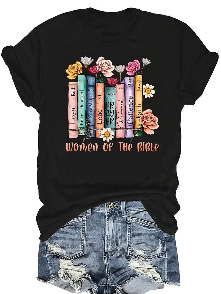 [Camiseta de moda casual] Camiseta suave y cómoda para mujer - Libros de Mujeres de la Biblia Casual de manga corta y cuello redondo, regalo perfecto para la abuela y la mamá, uso casual de primavera y verano - Negro - Ver 1