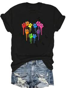 [Camiseta de moda casual] Camiseta suave y cómoda para mujer - Diseño de corazón con huellas de pata de colores, manga corta, cuello redondo, casual, regalo perfecto para la abuela y la mamá, uso casual en primavera y verano - Negro - Ver 1