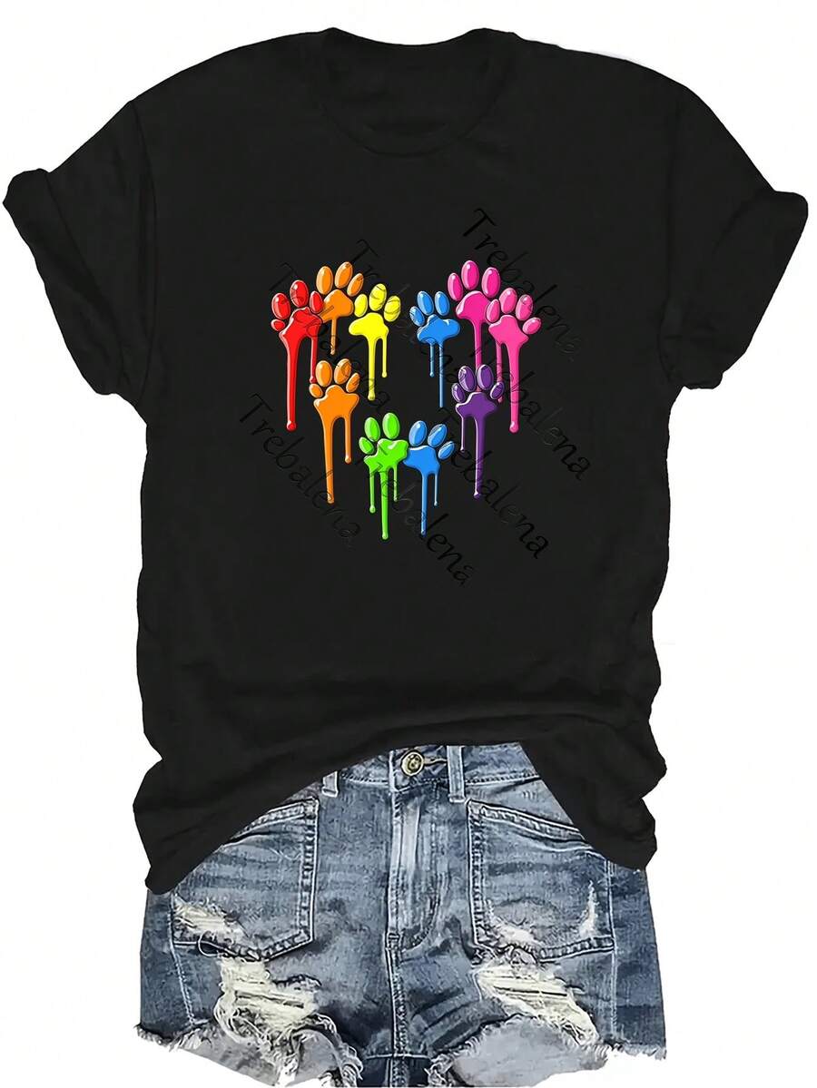 [Camiseta de moda casual] Camiseta suave y cómoda para mujer - Diseño de corazón con huellas de pata de colores, manga corta, cuello redondo, casual, regalo perfecto para la abuela y la mamá, uso casual en primavera y verano - Negro - Ver 1