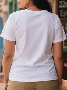 Camiseta casual para mujeres de 220g de algodón puro gruesa y cómoda con diseño de conejo cartoon cute con mariposas y texto Heibig - Blanco - Ver 3