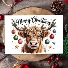 1pc Funny Highland Cattle Christmas Card - Festive Red & Green Holiday Greeting Card With Antlers, Perfect For Birthdays, Thanksgiving, Halloween, And Any Occasion, Ideal Gift For Friends, Family, And Besties, Festive Greeting Card | Playful Design | Durable Paper, Christmas Decorations, Highland Cow Christmas Card, Highland Cow Card, Dog Welcome Banner