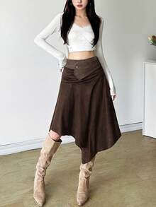 Top Dazzle 纯色宽松街头时尚高腰不对称下摆女裙 - 棕色 - 查看 4