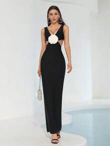 Đầm băng đô dài bó sát, cổ chữ V sâu, không tay, eo khoét sâu, họa tiết hoa 3D gợi cảm mới dành cho nữ dự tiệc tối trang trọng ngày lễ - màu đen - Xem 1