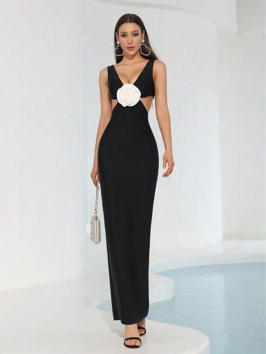 Đầm băng đô dài bó sát, cổ chữ V sâu, không tay, eo khoét sâu, họa tiết hoa 3D gợi cảm mới dành cho nữ dự tiệc tối trang trọng ngày lễ - màu đen - Xem 1