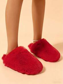 2025 Autumn/Winter New Fashion Fluffy Slippers For Men & Women, Warm Plush Toe Cover House Slippers - Red - View 3