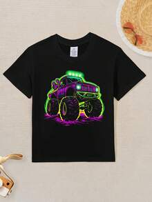 Cool Glowing Monster Truck Vintage Funny Aesthetic Graphic Kid T-Shirt Fashion Kid T Shirts Trending Tees Tops For Kid 3-13Y - 深棕色 - 查看 5