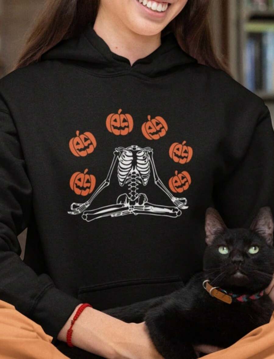 Claim My Daily Gift Today Retro Halloween Skeleton Sweatshirt, Spooky Yoga Skull Hoodie, Pumpkin Namaste Fall Shirt, Spooky Au - 黑色 - 查看 1