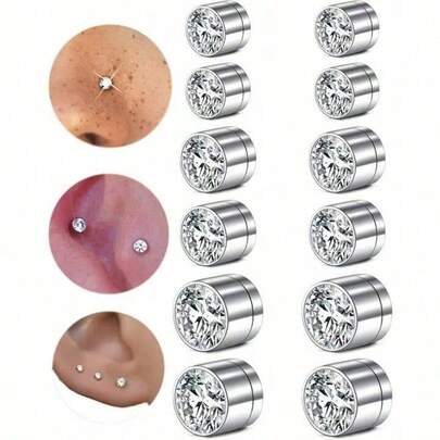 6 paia di finti piercing per il naso, finti anelli per il naso, finti orecchini a perno, in argento con incastonatura di zirconi bianchi da 3/4/5 mm