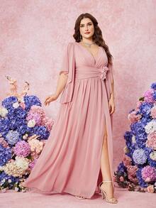 UNITHORSE V 领花朵蕾丝袖纯色雪纺腰褶手工 3D 花朵高开叉下摆晚会伴娘礼服 - 粉色 - 查看 5