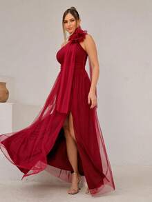 Long One-Shoulder Dress With Glittery Flower - Redwood - View 2