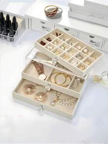1 Acrylic Velvet Three-Layer Drawer Jewelry Box, C/D/E Jewelry Tray, Acrylic Jewelry Storage Box, Three-Layer Velvet Lined Display Cabinet, Stackable Storage, With Crystal Knob, Jewelry Box, Antioxidant Large Capacity, High-End Exquisite Earrings, Earrings, Necklace, Jewelry Storage Box, Jewelry Display Box, Acrylic Cosmetics Box