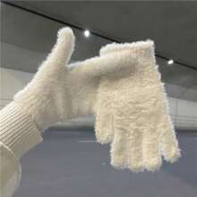 Cycling Imitation Rabbit Fur Plush Ins Wind Gloves Women's New Autumn And Winter Velvet Warm Cute Finger Cold - 白色 - 查看 1