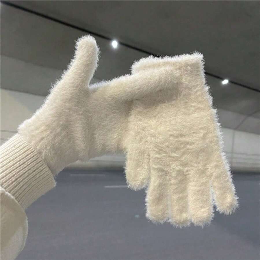 Cycling Imitation Rabbit Fur Plush Ins Wind Gloves Women's New Autumn And Winter Velvet Warm Cute Finger Cold - 白色 - 查看 1
