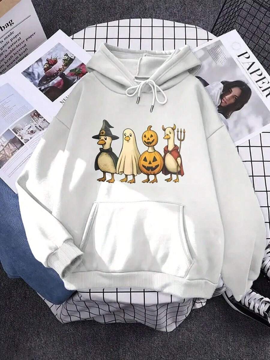 MEN'S Funny Goose Halloween Sweatshirt - Spooky Bird Costume Pullover With Pumpkin & Witch Hat Design, Cozy Fall-Winter Casual Hoodie, Quirky Fall Outfit, Halloween Costume,Fall Hoodies,Men's Fall Clothes,Street Wear,Halloween,Mens Hoodies,Y2k Clothes,Jesus Hoodie,Thanksgiving Day,Nightmare Before Christmas,Christmas - 白色 - 查看 1
