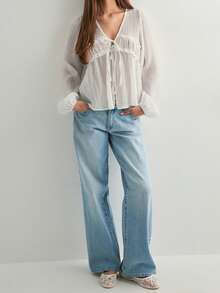 Y2k Tie Front Chiffon Top For Women Boho Ruffle Hem Peplum Long Bell Sleeve Button Down Mesh Shirt Coquette See Through Sheer Lace Flowy Going Out Blouse Top - 白色 - 查看 2