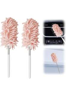 2 Peças Espanador Rosa para Limpeza Interna do Carro, Escova de Detalhamento Retrátil Mini para Entradas de Ar do Carro, Painel, Mesa de Escritório, Janelas, Ferramenta de Limpeza de Móveis