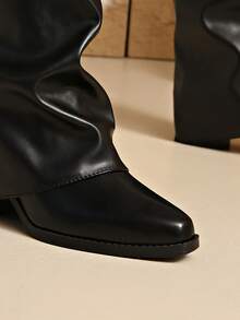 Women's Fashion Autumn/Winter Single Layer Lining Western Style Pull-On Buckle Closure Holiday Vacation Party Knee-High Boots, Black Pleated Shaft Chunky Heel Tall Boots