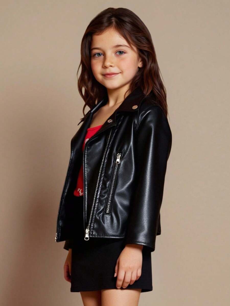 SHEIN Elladie kids Young Girl And Young Girl Black PU Leather Jacket, Elegant Casual Outerwear Suitable For Outings, Daily Wear And Any Casual Occasions, Fall/Winter - Black - View 1