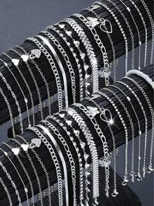 38pcs/19pcs/7pcs Set Women Elegant Vacation Style Hollow Butterfly & Heart Pendant Silver Anklet Set, Fashionable Jewelry For Girls Daily, Beach, Vacation - Silver 2 - View 6