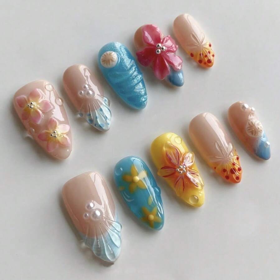 Tropical 3D Tropical Flower Nail Art Wear Short Almond-Shaped Nail Tips - JP3900 - 查看 1