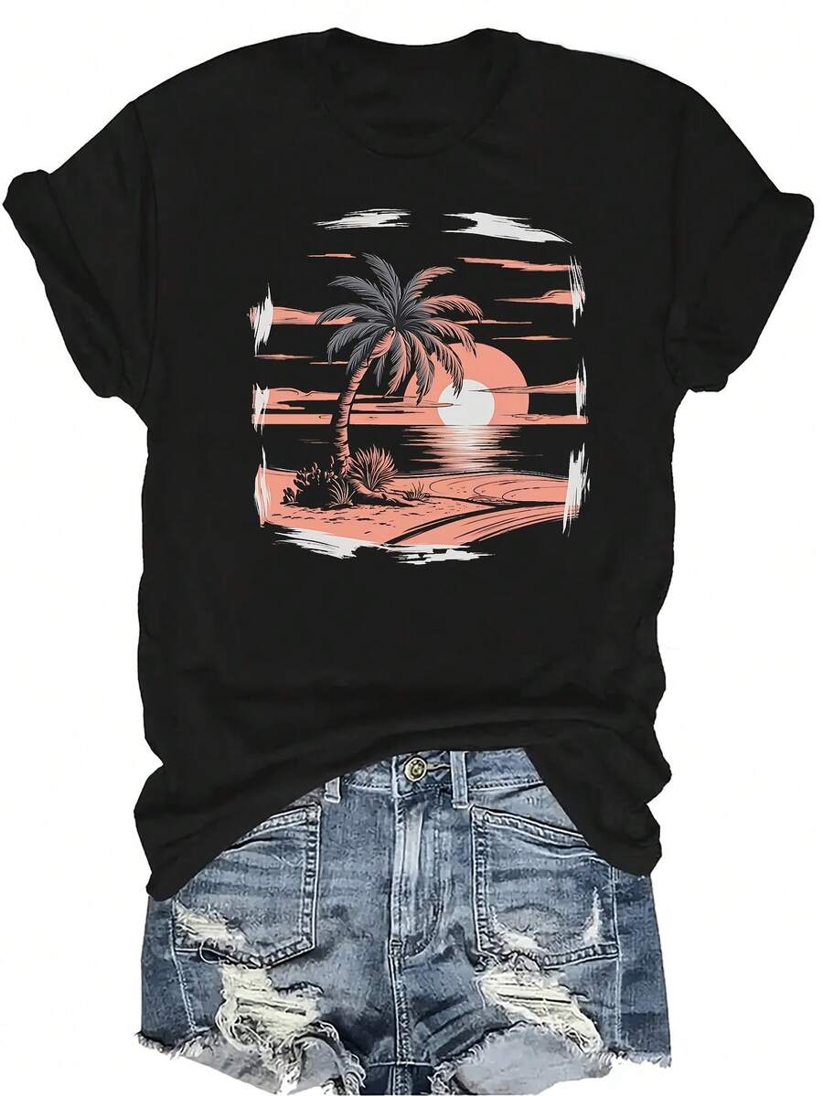 [Camiseta de Moda Casual] Camiseta de Mujer Suave y Cómoda - Camiseta de Manga Corta de Cuello Redondo con Estampado de Puesta de Sol Tropical y Playa, Regalo Perfecto para Abuela y Mamá, Uso Casual de Primavera y Verano - Negro - Ver 1