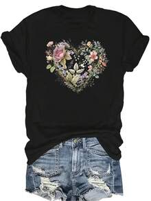 [Camiseta de moda casual] Camiseta suave y cómoda para mujer - Diseño de corona de flores en forma de corazón, manga corta, cuello redondo, casual. Regalo perfecto para la abuela y la mamá, uso casual en primavera y verano - Negro - Ver 1