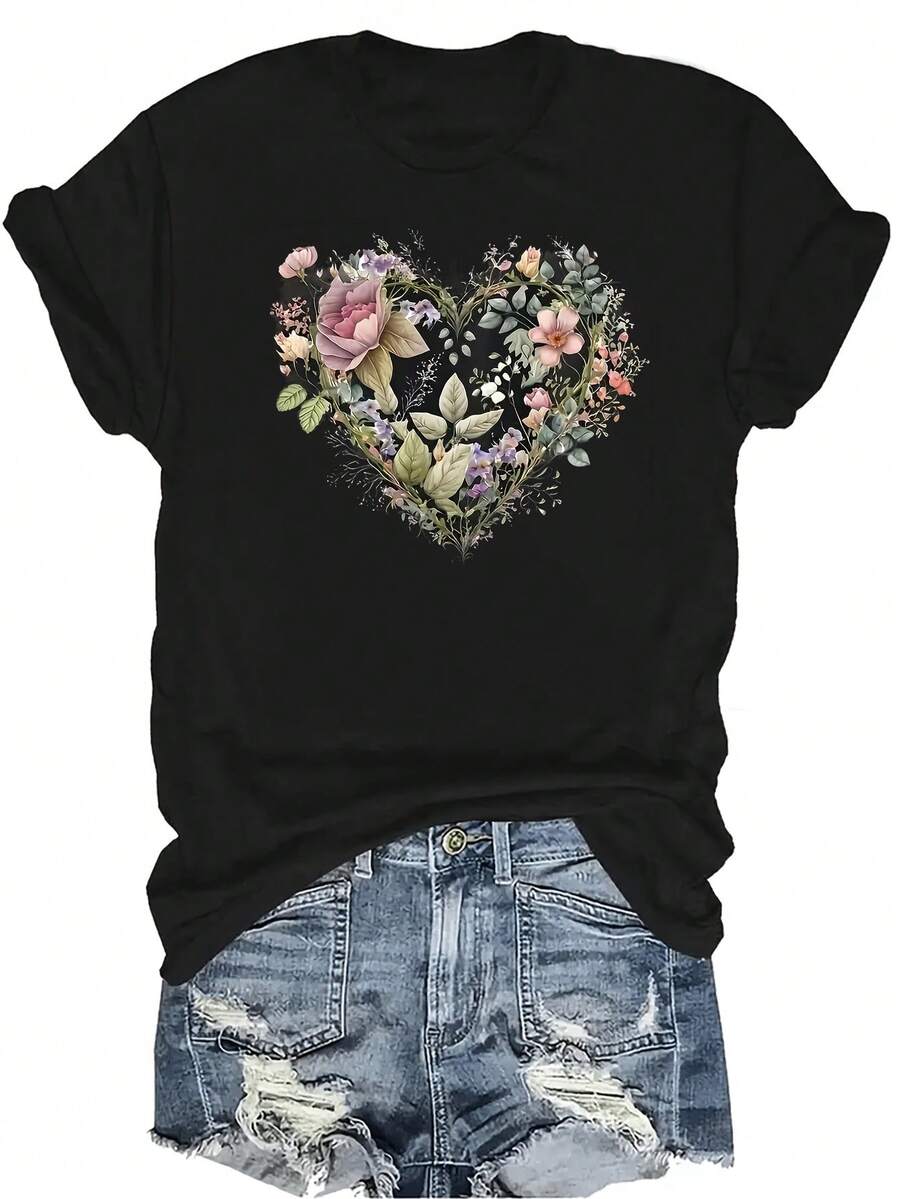 [Camiseta de moda casual] Camiseta suave y cómoda para mujer - Diseño de corona de flores en forma de corazón, manga corta, cuello redondo, casual. Regalo perfecto para la abuela y la mamá, uso casual en primavera y verano - Negro - Ver 1
