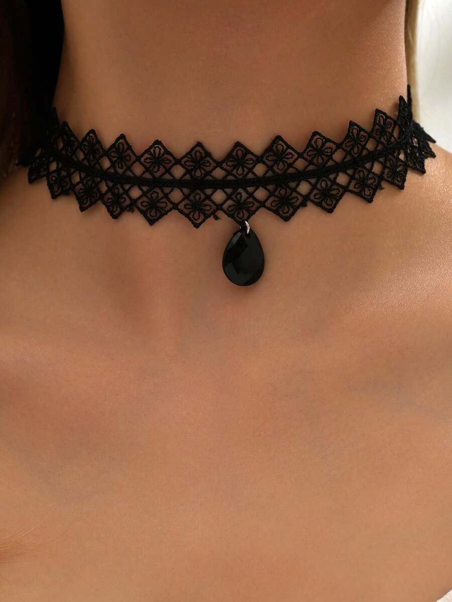 1 buc colier tip choker cu pandantiv din dantelă geometrică neagră sexy pentru femei