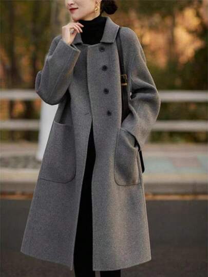 女士新款秋冬款式，秋冬热销单品，舒适休闲灰色双面长款大衣，修身剪裁，经典翻领，保暖秋冬纯色口袋，前襟纽扣，适合办公及日常穿着，带大口袋，圣诞节、春节及新年必备单品