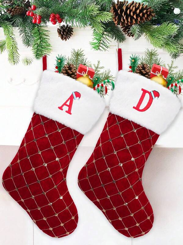 1 Stück personalisierte Weihnachtsstrumpf, 18 Inch großer karierter individuell bestickter Initialen-Strumpf, Feiertags-Familienstrumpf für Kamin, Party-Dekoration, Heim-Dekoration, Weihnachts-Dekoration, Zimmer-Dekoration, Winter