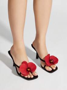 Square Toe Satin Flower Decor Open Toe Stiletto High Heel Sandals, Suitable For Travel And Beach, Spring/Summer,Flip Flops - Black - View 11