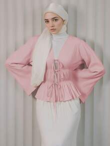 穆斯林风格女式衬衫，喇叭袖衬衫，优雅收腰长袖上衣，粉色衬衫 - 粉色 - 查看 1