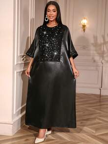 Robe longue africaine élégante pour femmes, col rond, manches chauve-souris, tissu tissé avec des détails de sequins contrastés brillants, sans stretch