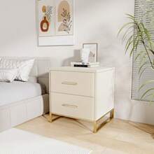 HOKZYHOUSE 2 Stücke Nachttisch mit 2 Schubladen, Beistelltisch mit Metallbeine, Nachtschrank, Nachtkästchen,  für Wohnzimmer, Schlafzimmer, Beige